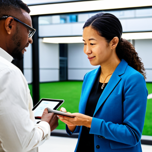 A diverse group of professional service designers, fully clothed in modest business attire, are conducting on-field research in a modern, well-lit public space. One designer is respectfully interviewing an adult user, while another observes and takes notes on a tablet, emphasizing empathy and active listening. The background is a clean, inviting urban environment, representing real-world user interaction. perfect anatomy, correct proportions, natural pose, well-formed hands, proper finger count, natural body proportions, safe for work, appropriate content, fully clothed, professional, high-quality photograph, studio lighting, detailed.