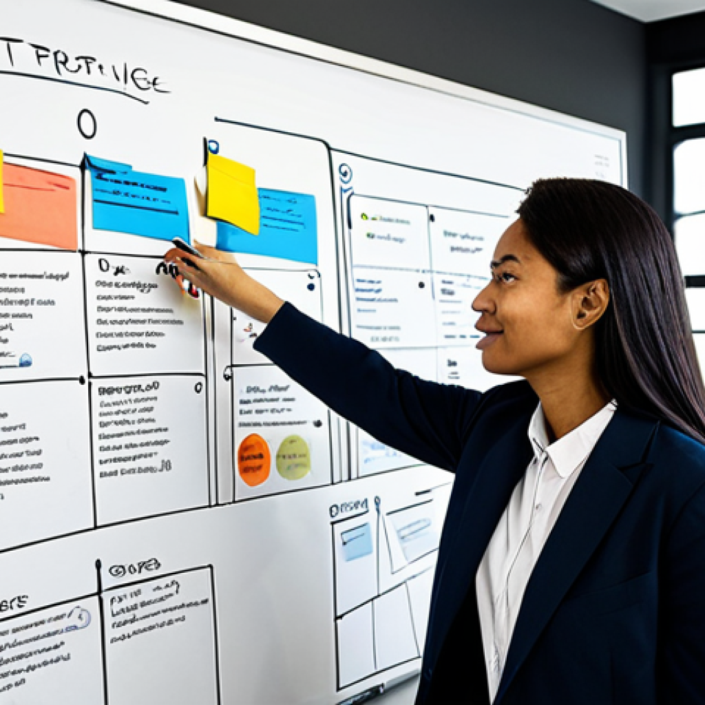 "A diverse group of professionals collaborating on a customer journey map, sticky notes and diagrams on a whiteboard, modern office setting, bright and collaborative atmosphere, fully clothed, appropriate content, safe for work, professional, perfect anatomy, natural proportions, high quality."
