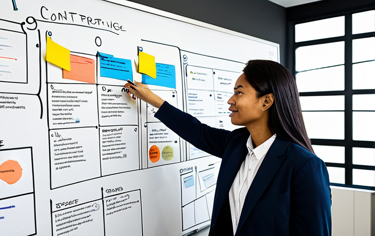 "A diverse group of professionals collaborating on a customer journey map, sticky notes and diagrams on a whiteboard, modern office setting, bright and collaborative atmosphere, fully clothed, appropriate content, safe for work, professional, perfect anatomy, natural proportions, high quality."